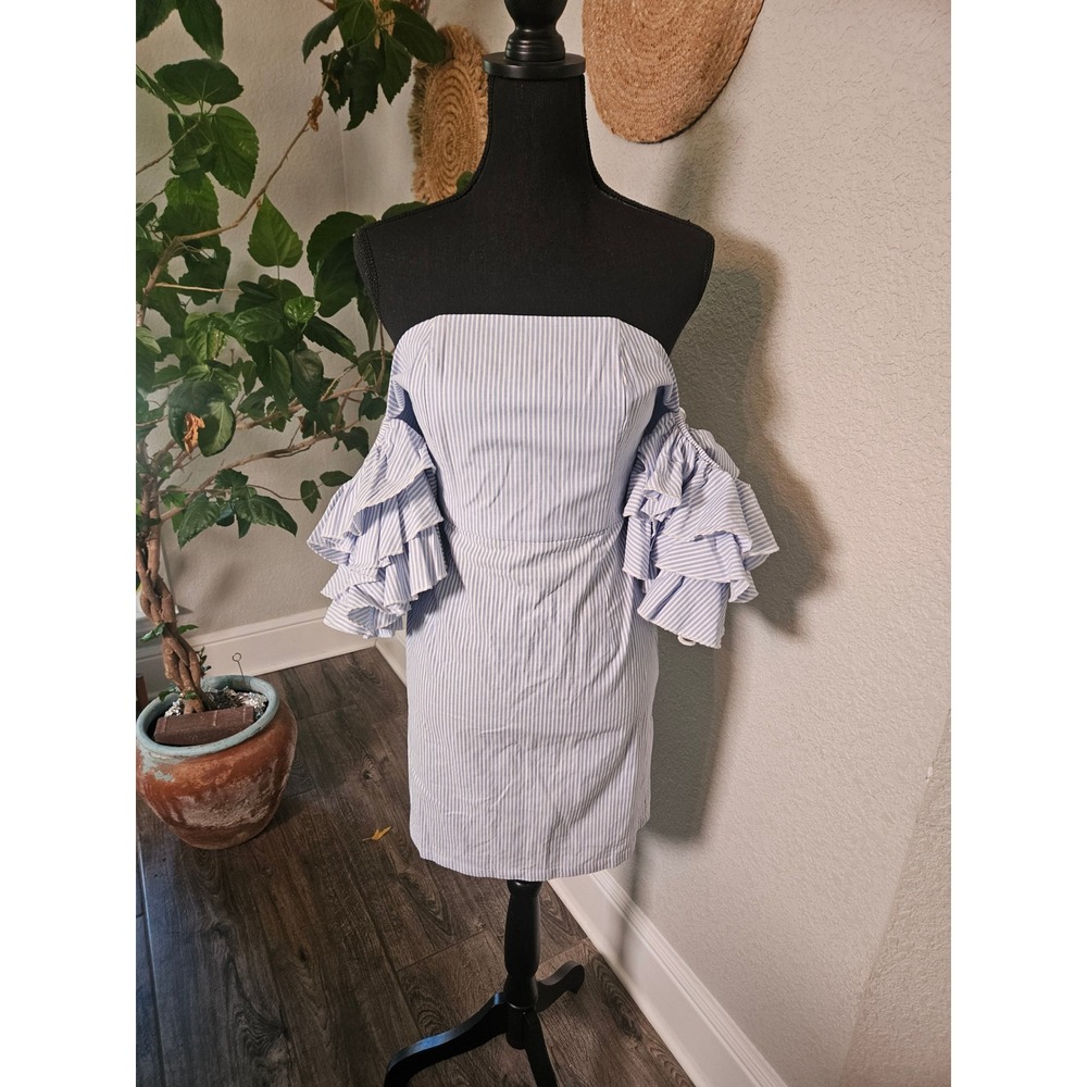 Style Keepers‎ Off Shoulder Ruffle Sleeve Mini Dress Blue Pinstripe NWT S